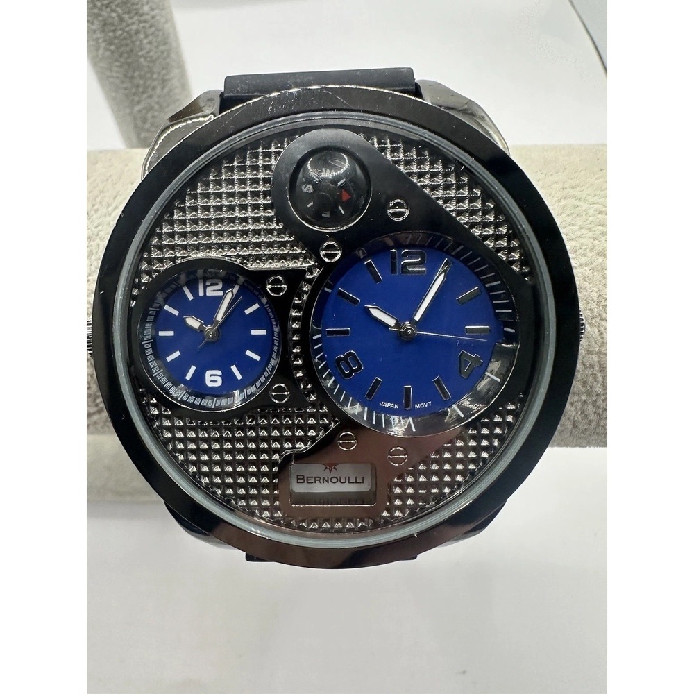 Bernoulli Watch 9798 Mens Dual Time New Batteries 54MM 9.5"‎ Silicone Band V